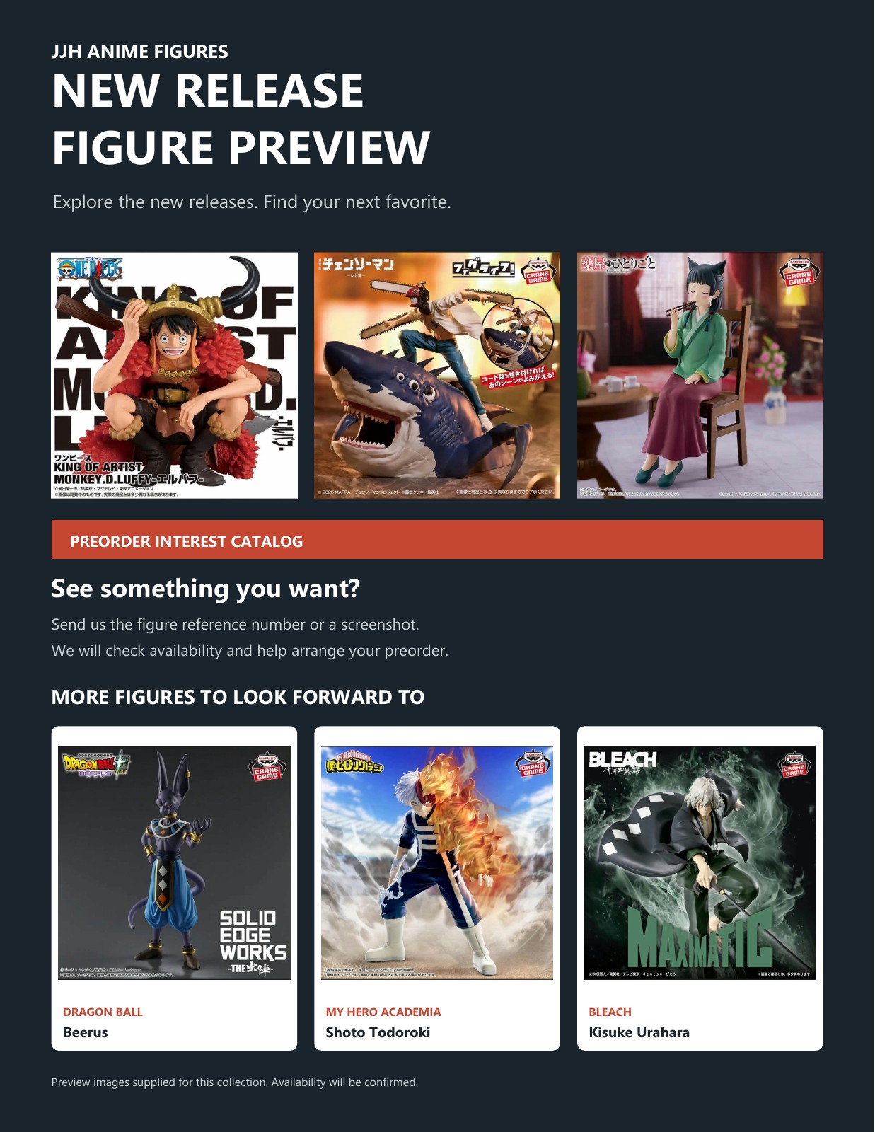 New release figure preview featuring Luffy, Chainsaw Man, Maomao, Beerus, Shoto Todoroki and Kisuke Urahara