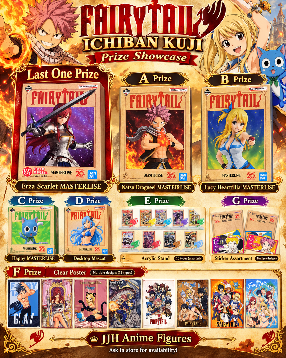 Fairy Tail prize lineup: Erza Last One prize, A Natsu, B Lucy, C Happy, D desktop mascot, E acrylic stands, F clear posters and G stickers
